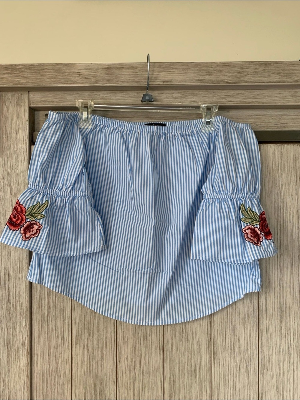 Ambiance Light Blue and White Striped Off-Shoulder Blouse